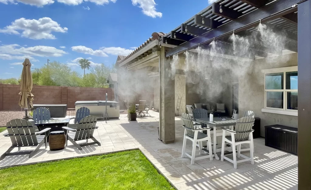 High-pressure misting system in Gilbert, Arizona can improve the property value, like this one shown here on a gilbert backyard ramada