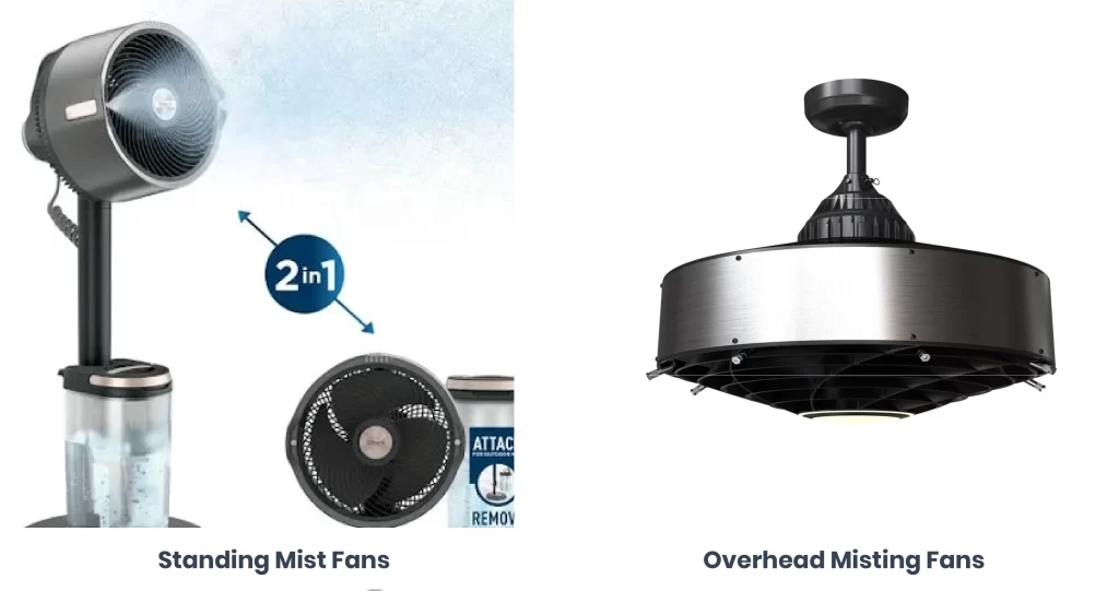 Two types of misting fans next to each other. One standing, and one overhead unit