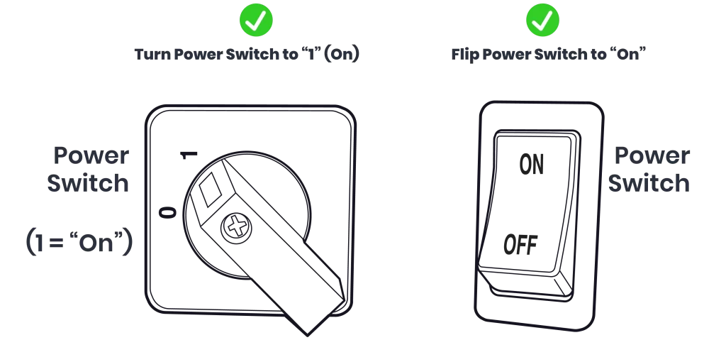 Element Mist Troubleshooting Guide for Misting Systems --- This Power Switch Images shows two power switches. One shows "0" and "1" with 1 being the on position. The other shows an "Off" and "On" switch.