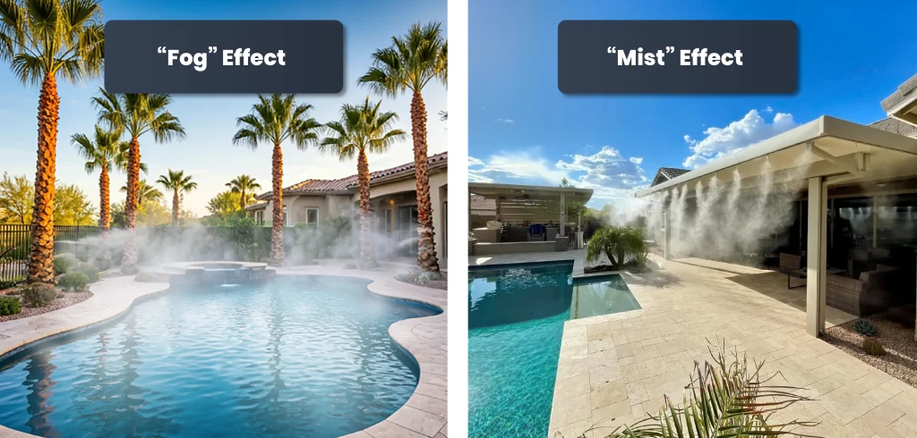 Side by side images that show a "fog" effect and a "mist" effect, helping outline why some may call it a fog system while others call it a misting system