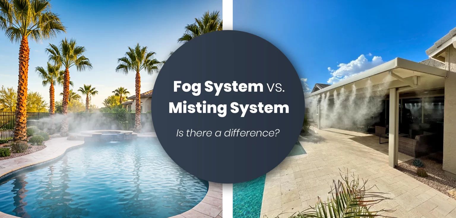 Side by side images of arizona backyards with a title asking this: Fog System vs Misting System - Is there any difference?